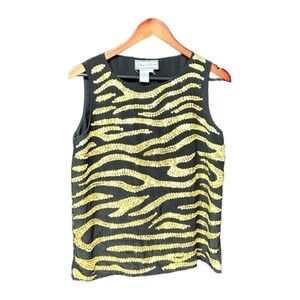 Diane Gilman black sleeveless boxy tank blouse flat gold sequin design small